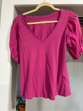 Anthropologie Bright Pink V‑Neck Puff Sleeve Tee